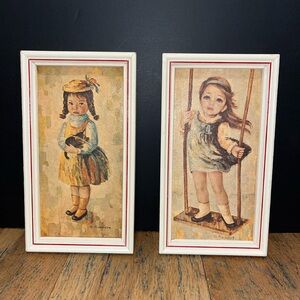 📍🧡M. MEDEIROS – Pair of Framed Vintage Prints – Girls with Swing &